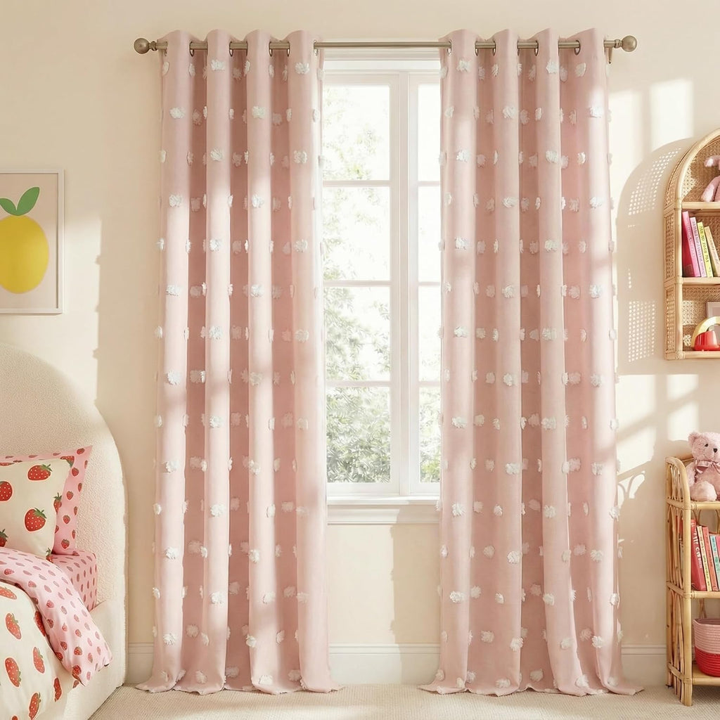 NICETOWN Pom Pom Pink Curtains for Kids Room 84 inches Long, Room Darkening Double Layer Sheer Thermal Drapes Grommet Window Treatments for Girls Bedroom/Nursery, W52 x L84, 2 Panels