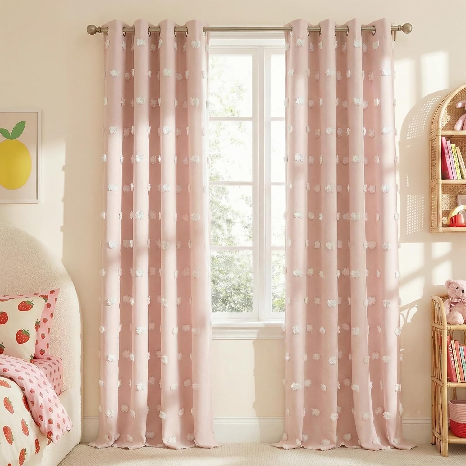 NICETOWN Pom Pom Pink Curtains for Kids Room 84 inches Long, Room Darkening Double Layer Sheer Thermal Drapes Grommet Window Treatments for Girls Bedroom/Nursery, W52 x L84, 2 Panels