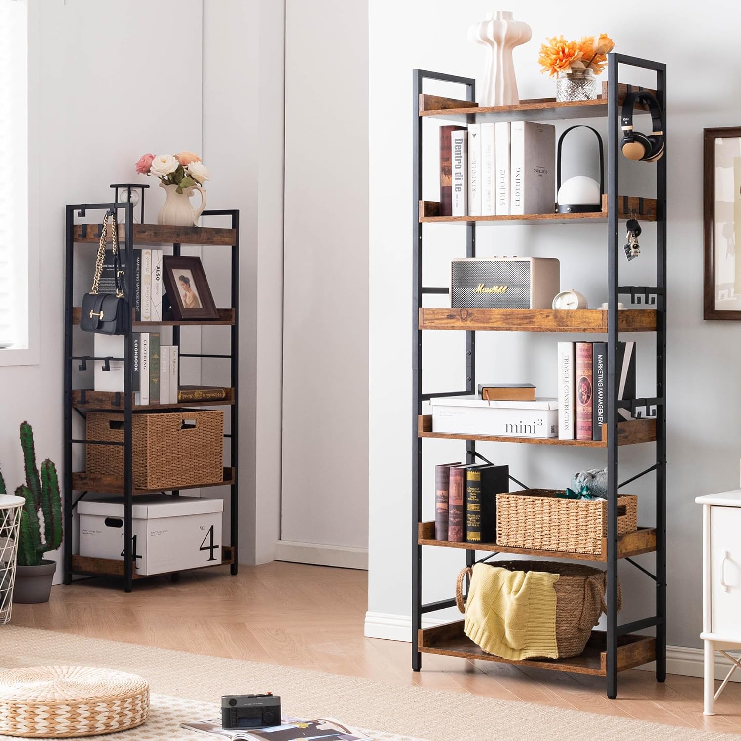 HCHQHS Adjustable 6 Tier Open Bookcase, Rustic Farmhouse Book Shelves, Industrial Wood and Black Metal Bookshelves, Mid Century Bookcase for Home Office Living Room Bedroom