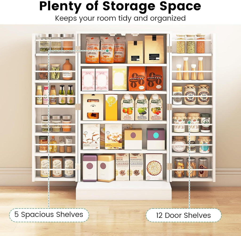 LOKO 41” Kitchen Pantry Cabinet, 5-Tier Storage Cabinet with 17 Shelves & 12 Guardrails, 3-Level Adjustable Shelves, Modern Food Cabinet with Anti-toppling Kit for Dining Room, Living Room (White)
