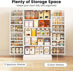 LOKO 41” Kitchen Pantry Cabinet, 5-Tier Storage Cabinet with 17 Shelves & 12 Guardrails, 3-Level Adjustable Shelves, Modern Food Cabinet with Anti-toppling Kit for Dining Room, Living Room (White)