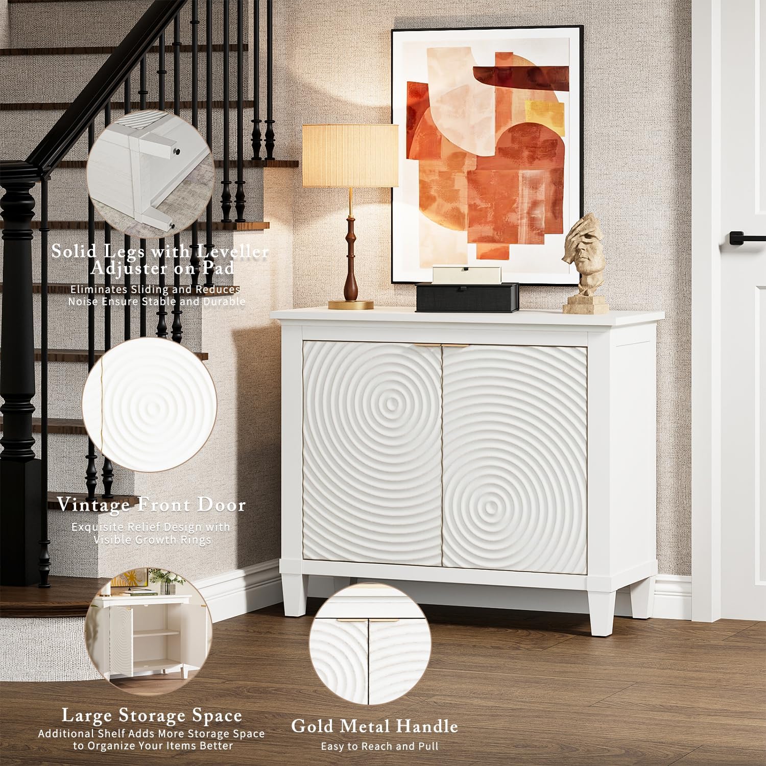 40" Coffee Bar Cabinet with Shelf, Craft Storage Cabinet with Doors, Wood Cabinet, Charming Carved Motif, Entry Way Cabinet with Storage, Sideboard Buffet for Living Room (Annual rings, White)