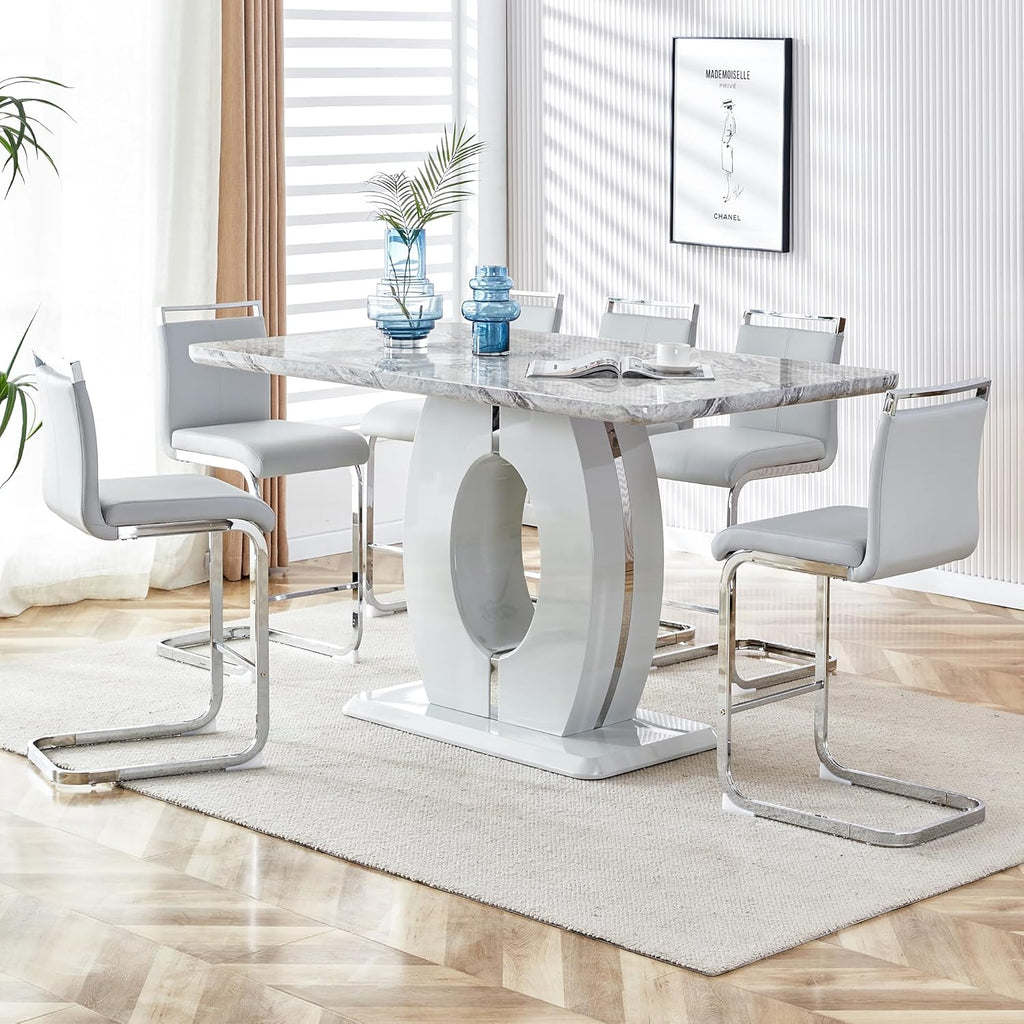 7 Piece Marble Dining Table Set for 6,Counter Height Dining Table Set,63" Dining Room Table with 6 Light Grey Leather Barstools,Bar Height Table and Chairs Ideal for Pub Kitchen