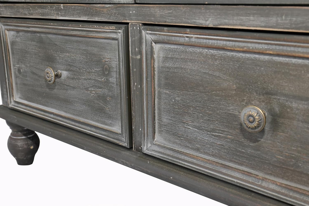 48" Farmhouse Sideboard Buffet Cabinet with 2 Drawers & 2 Glass Doors, Vintage Wood Credenza with Fixed Shelves, Kitchen Storage Cabinet for Dining Room & Living Room, Black+Grey