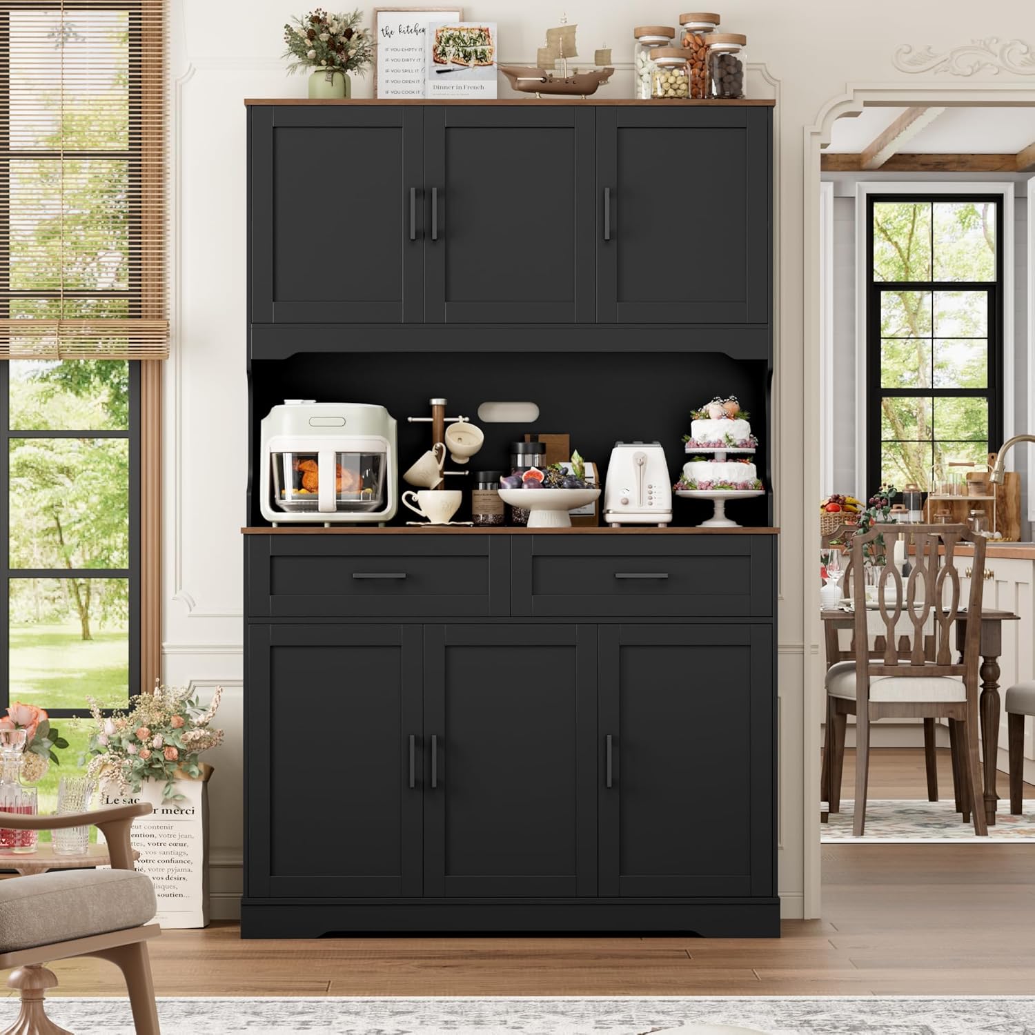 FACBOTALL Tall Kitchen Pantry Cabinet, Farmhouse Food Pantry Cabinet with Doors and Adjustable Shelves, Kitchen Hutch with Countertop and Microwave Stand for Dining Room, Living Room, Black