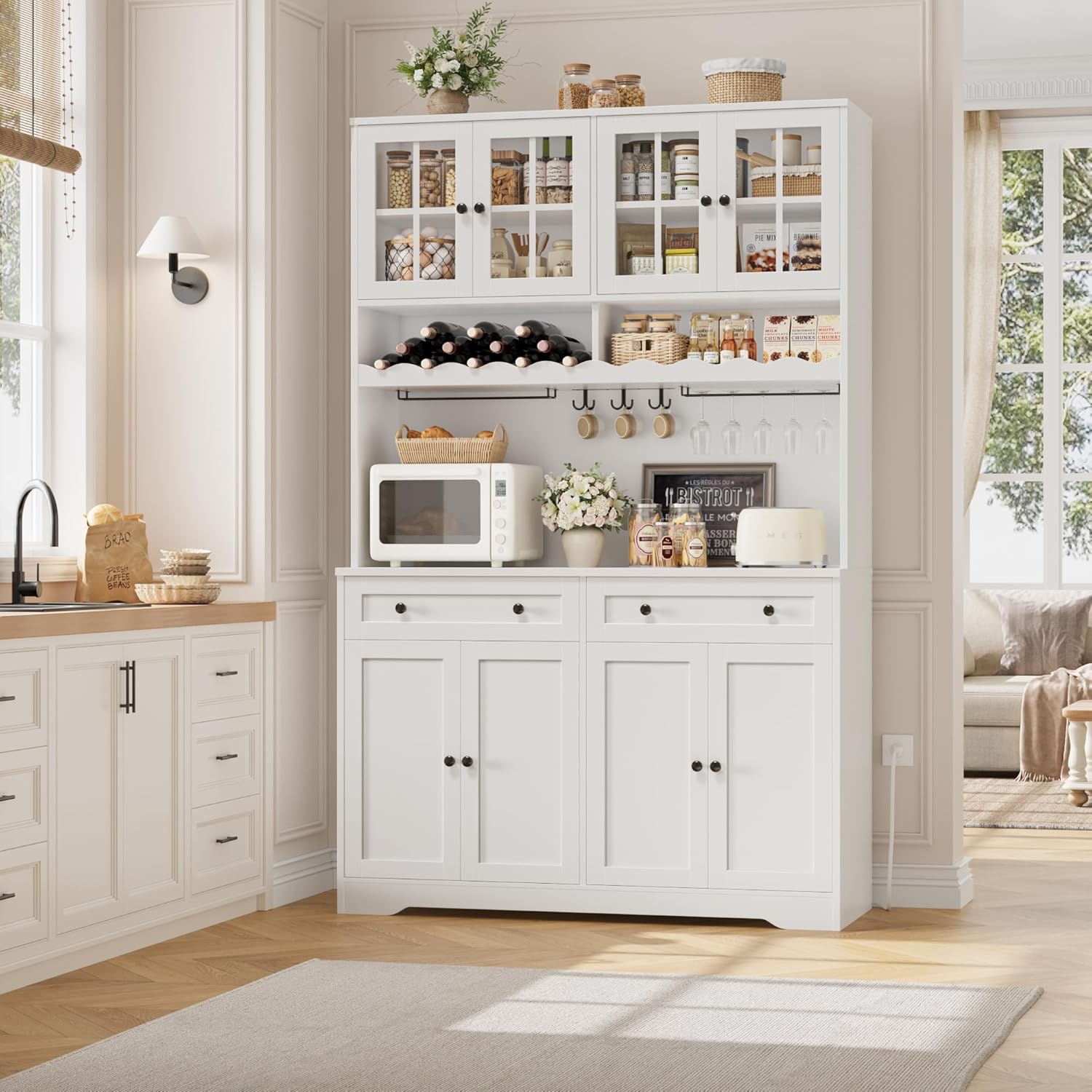 HOSTACK 75.4" Tall Kitchen Pantry Cabinet with Charging Station, Modern White Kitchen Hutch with Microwave Stand and Wine Racks, Large Food Pantry Storage Cabinet with Glass Doors and Drawers, White