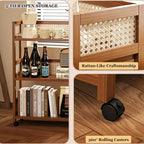 Rattan Side Table with Universal Wheels,Vintage Style Movable Coffee Table, Small Sofa End Table,for Living Room Kitchen Bar Bedroom Office Bathroom