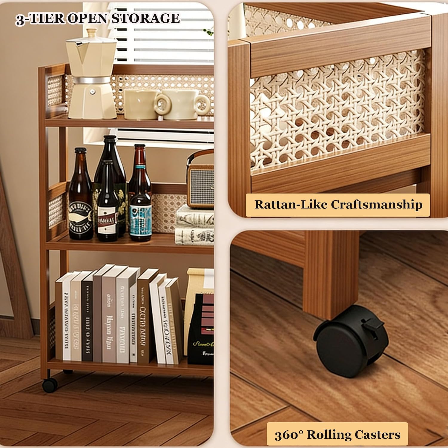 Rattan Side Table with Universal Wheels,Vintage Style Movable Coffee Table, Small Sofa End Table,for Living Room Kitchen Bar Bedroom Office Bathroom