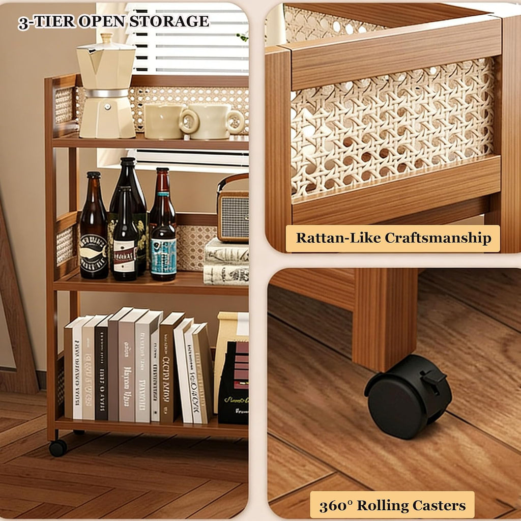 2-Tier Rolling Cart,Open Rattan Bookcase and Bookshelf,Mobile Bookshelf with Wheels,Rolling Storage Cart,for Living Room, Bedroom, Kitchen,Home Office(Rustic Brown)