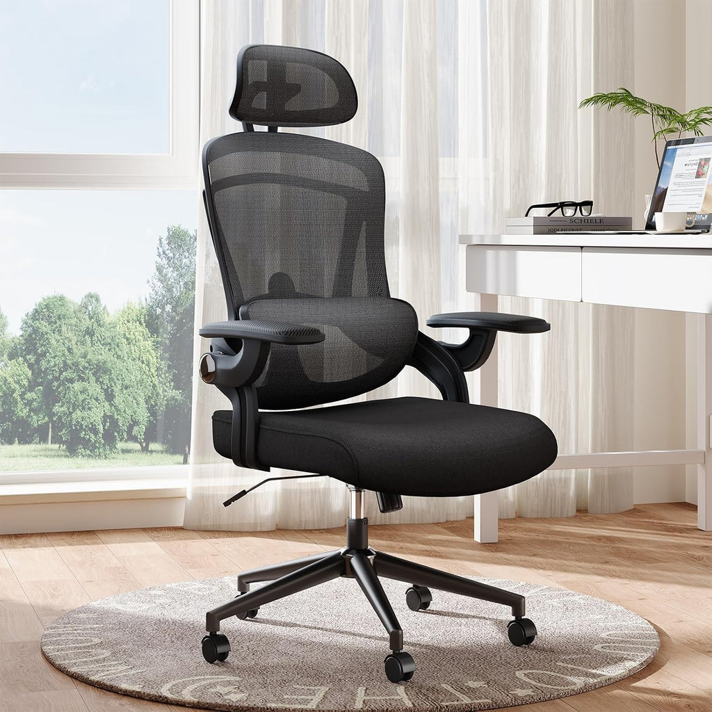 DUMOS Executive Office Ergonomic Desk Chair, 300 LBS Home Mesh Chairs with Wheels, 2D Headrest, Up&Down Lumbar Support, Swivel High Back Computer Chair with Flip-up Armrests, Black