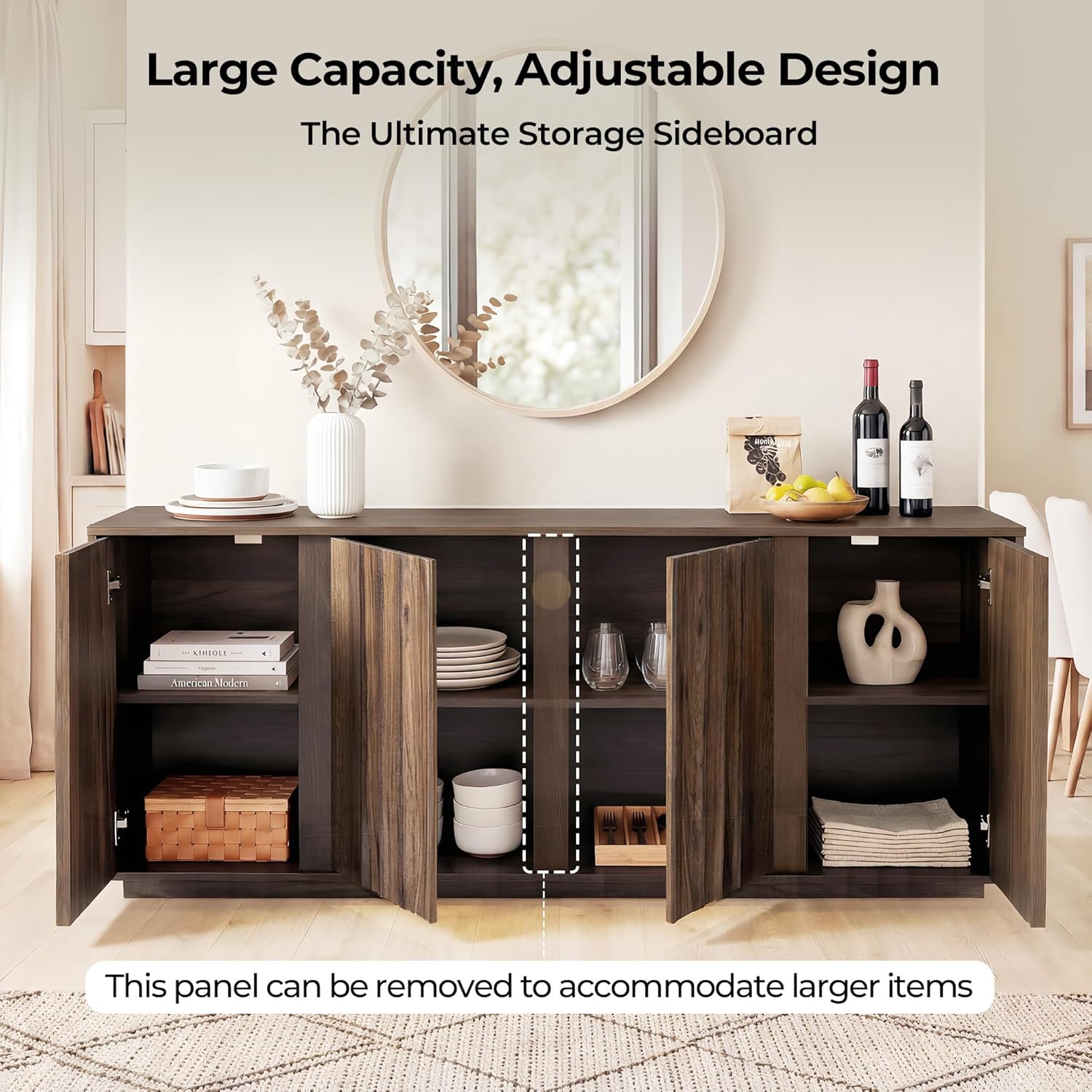 CHITA 63" Sideboard Buffet Cabinet with Storage, Wooden Console Cabinet with 4 Tereoscopic Wavy Door Panels & Adjustable Shelves, Storage Credenzas for Living Room, Kitchen, Hallway, Walnut