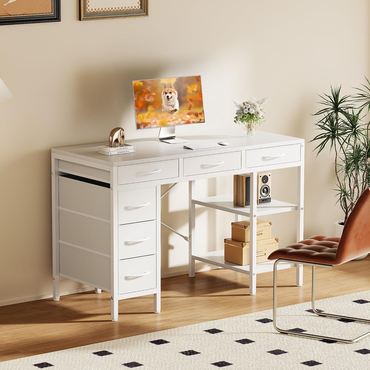 OLIXIS Computer Desk with 6 Drawers, 47 inch Office Desk with Storage Shelves, Reversible Gaming Desk, Corner Desk with Storage Drawers, Work for Home Office, Study, Living Room, White