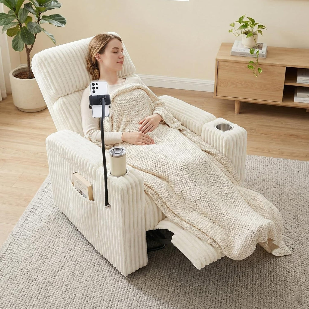 ABCASA Power Recliner Rocking Chair Nursery Glider, Swivel Reclining Nursery Rockers for Baby Room & Living Room, Corduroy Chair with Phone Holder, USB/Type-C Ports, Arm Storage, White