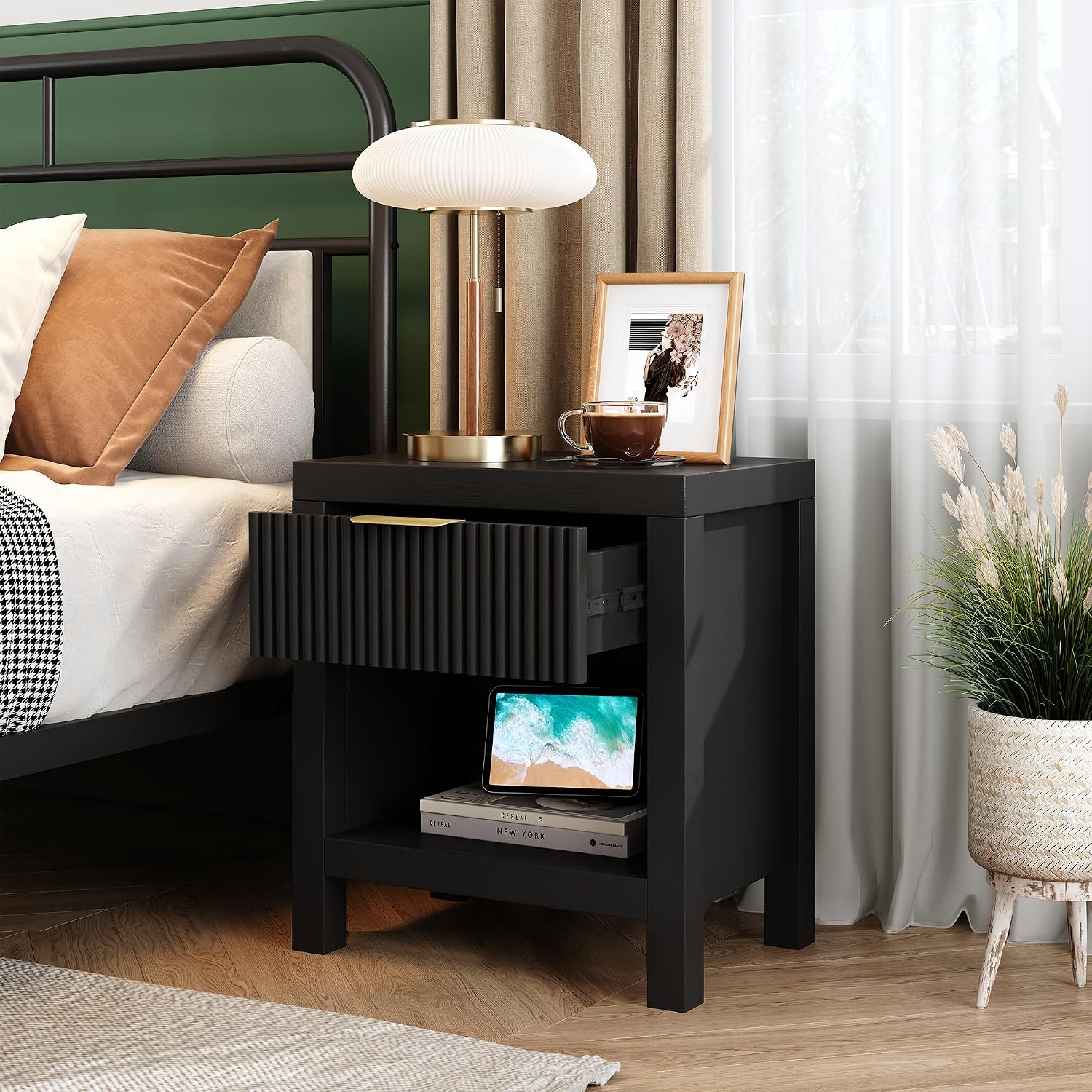 Nightstand Set of 2, Mid Century Modern Wooden Farmhouse Fluted Cabinet Bedside Cabinet, Boho End Table Side Table with Storage Drawer and Open Shelf, for Living Room, Office (Black)