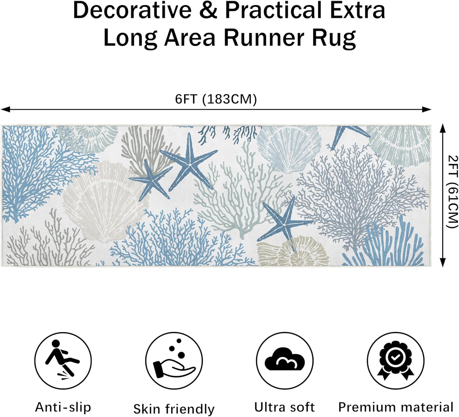 Coastal Runner Rug 2x6 for Hallway Blue Nautical Beach Decor Kitchen Throw Carpet Ultra Thin Non Slip Washable Fur Area Rug Mat for Entryway Laundry Bedroom Living Room (Blue, 24×72in)