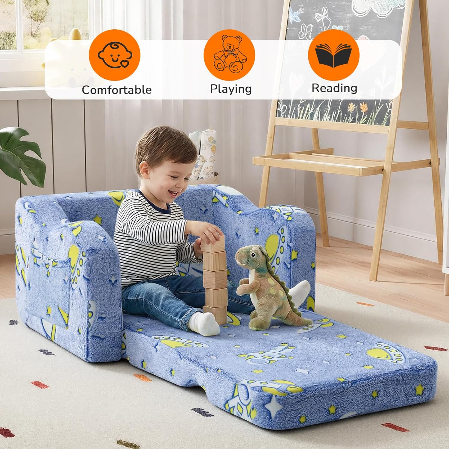 MeMoreCool Glowing Rocket Kids Chair, Glow-in-the-Dark Space Kids Couch, 2-in-1 Convertible Fold-Out Recliner with Cushioned Foam, Washable Cover for Boys Playroom, Denim Rocket