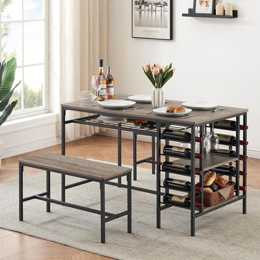 Garvee Dining Table Set for 4, Kitchen Table Set for 4 with 2 Benches, 3 Piece Dining Room Table Set for Small Space Apartment, Grey