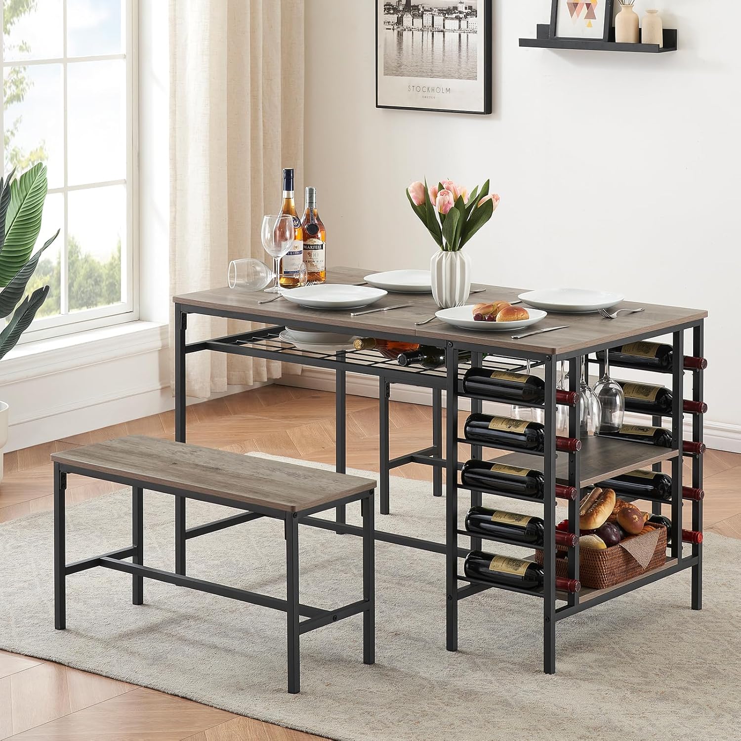Garvee Dining Table Set for 4, Kitchen Table Set for 4 with 2 Benches, 3 Piece Dining Room Table Set for Small Space Apartment, Grey