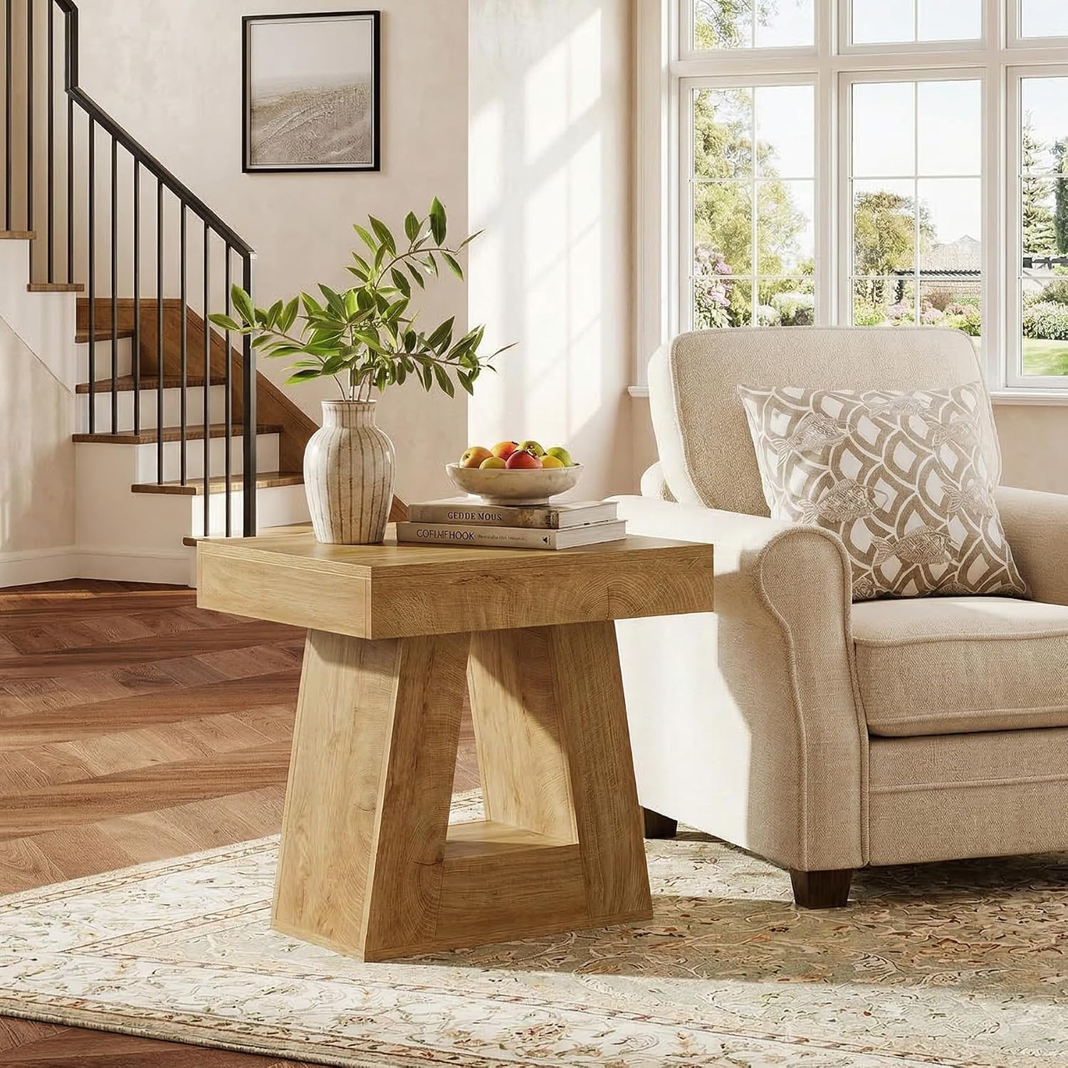 Tribesigns 24" Side Table, Narrow End Table with 2-Tier Storage Shelf, Farmhouse Wooden Nightstand Accent Table with Trapezoid Base for Living Room, Bedroom, Small Spaces, Natural Oak Color