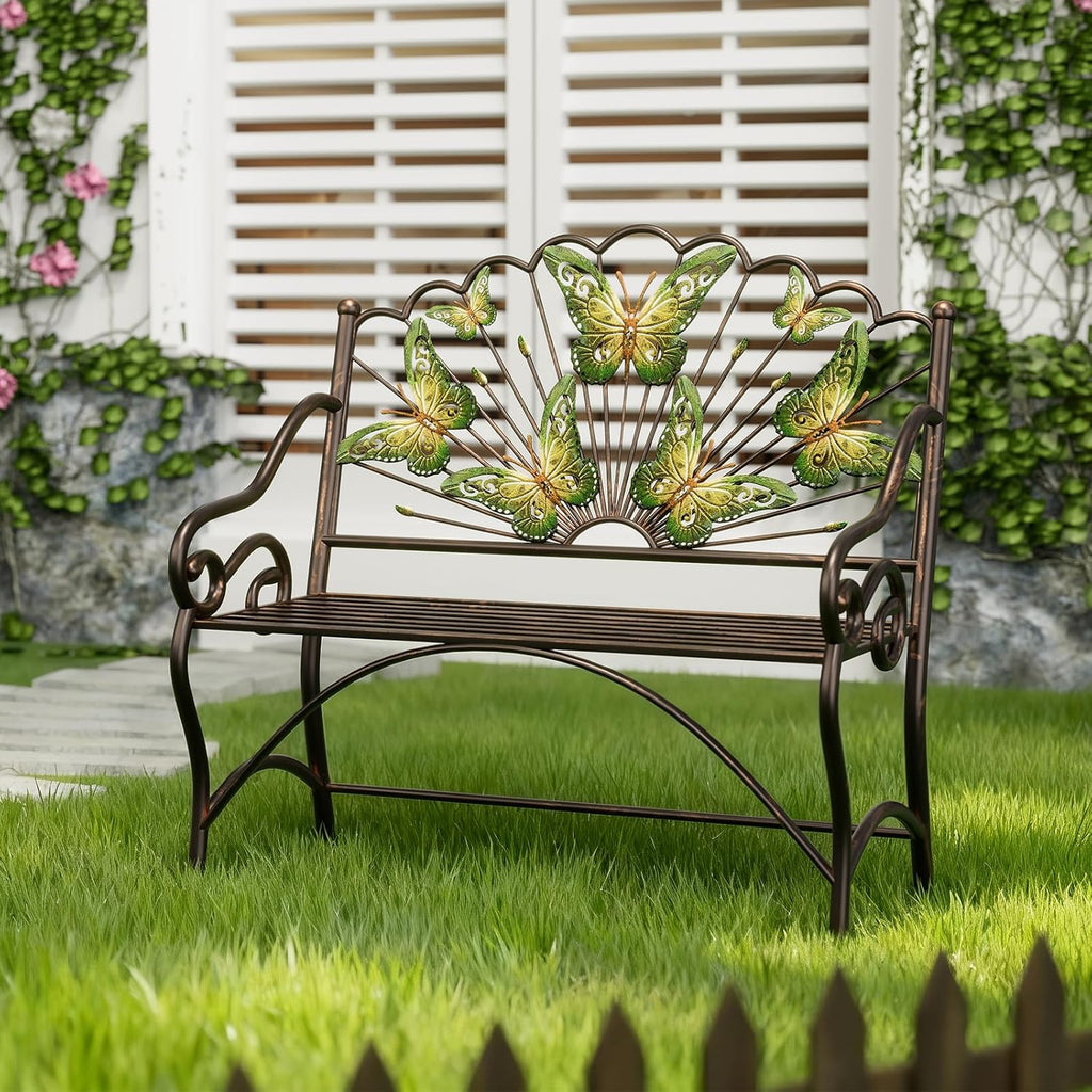 39.7" Arched Back Garden Bench, Metal Outdoor Bench with Scalloped Butterfly Pattern Backrest, Heavy Duty Patio Loveseat with Armrests & Slatted Seat for Front Porch, Backyard, Lawn & Park, Black