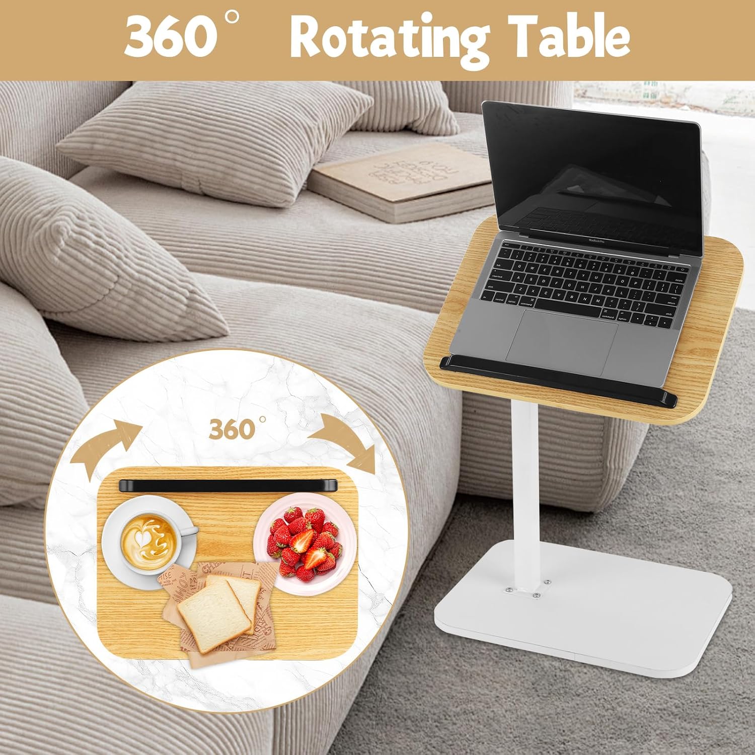 YAYODS Small TV Table Tray Adjustable Height C Table End Table, 360° Swivel Sofa Tray Side Table for Couch, Small Spaces, Living Room and Bedroom (White)