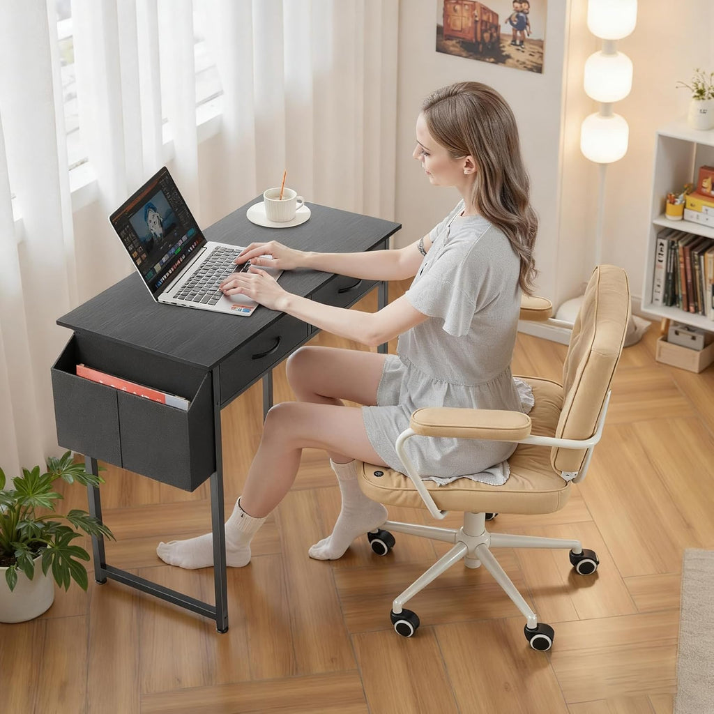 OLIXIS 32 Inch Small Desk with Fabric Drawers for Home Office, Gaming Computer Desk with Side Bag & Headphone Hook, Writing Study Work Table for Bedroom Small Space, Black