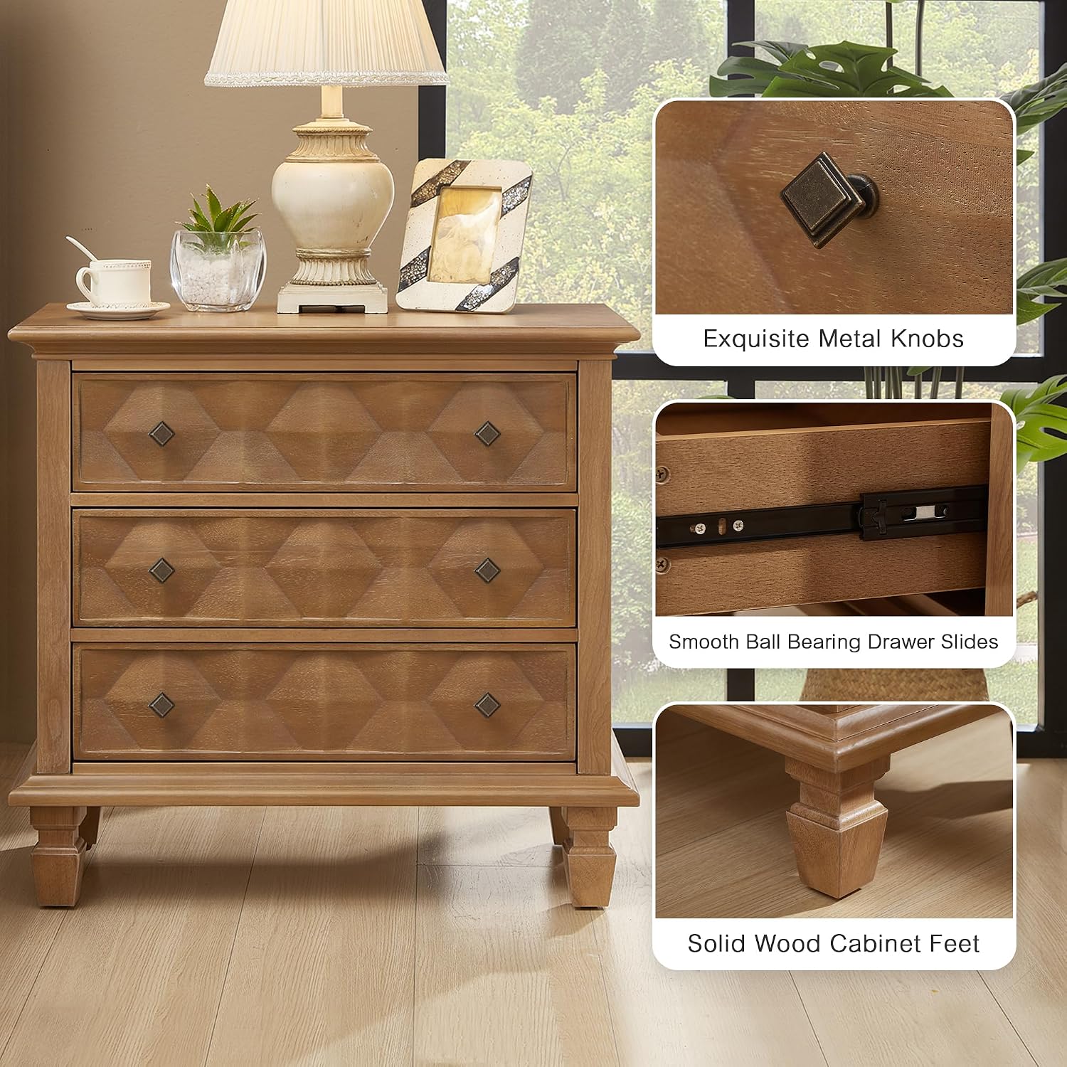 Traditional Geometric Textured Nightstand, 3 Drawer Solid Wood Bedside Table with Carved Front Panels, Rustic End Table for Bedroom Living Room, Apricot