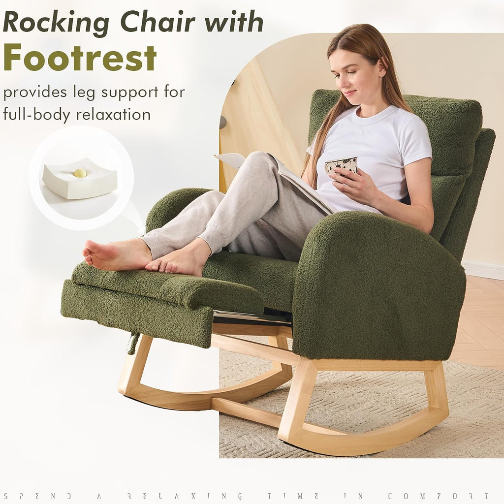 FOXHUNTER Rocking Chair for Nursery with High Backrest & Foot Rest-Nursery Rocking Chairs with Side Storage Pocket for Breastfeeding,Modern Glider Chair for Baby Bedroom,Living Room,Teddy, Green