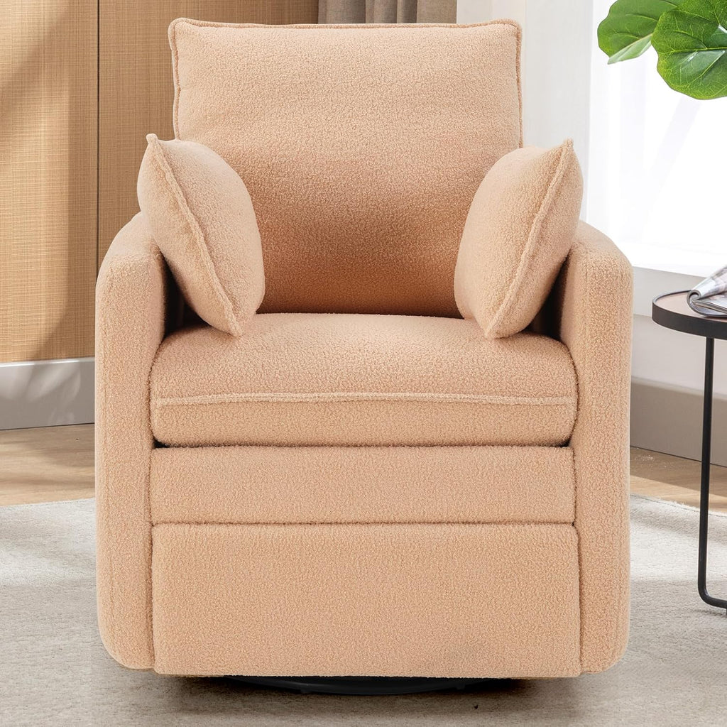 CANMOV Swivel Rocker Recliner Chair, Teddy Upholstered Nursery Glider Chair, Manual Reclining Chair with Two Removable Pillows for Living Room (Camel)