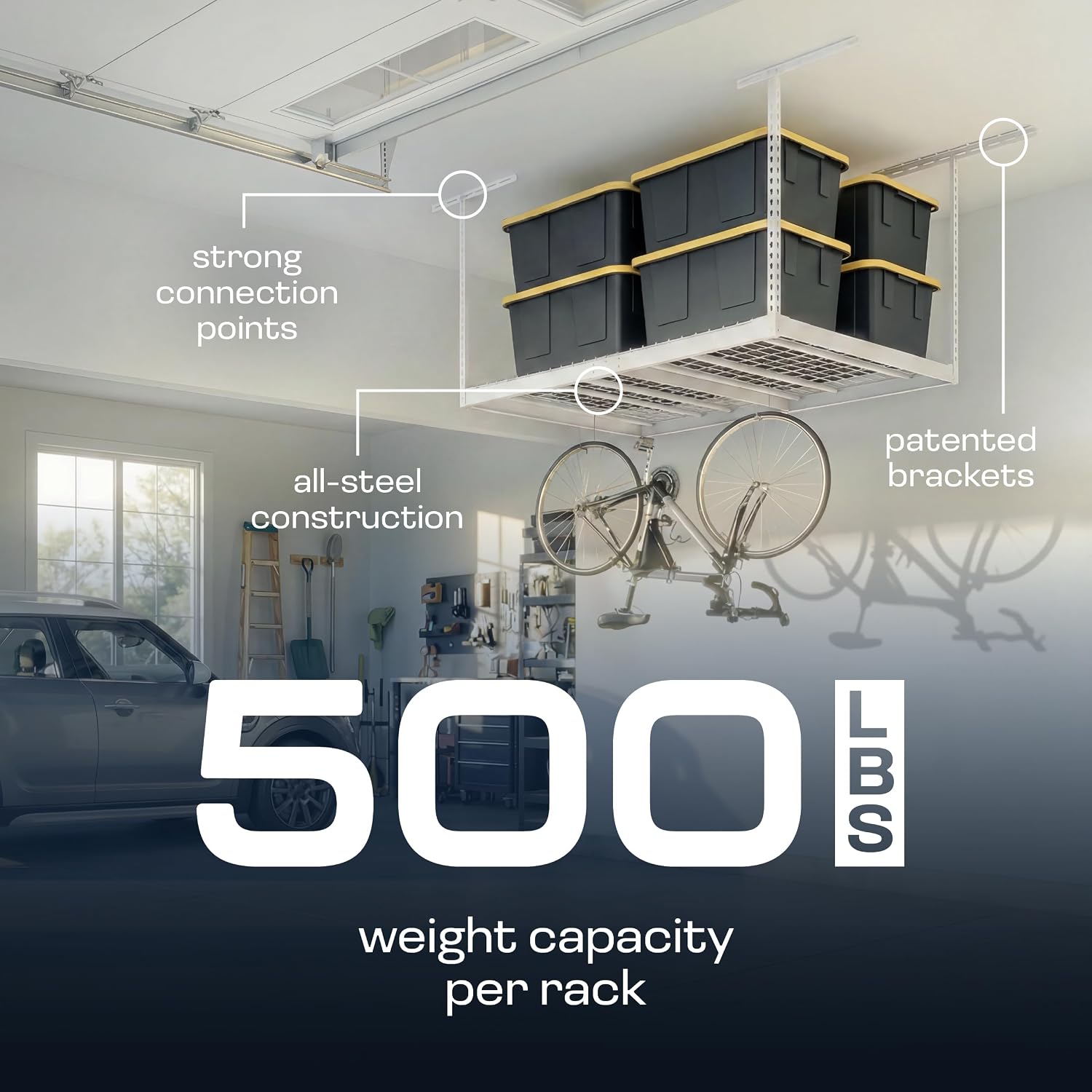 MonsterRax Overhead Garage Storage Racks 4x6, Ceiling Mounted Shelving, Adjustable Hanging Storage Organizer, Heavy Duty Steel, Holds 500 Pounds, Color: White, Adjusts 24"-45” off Ceiling