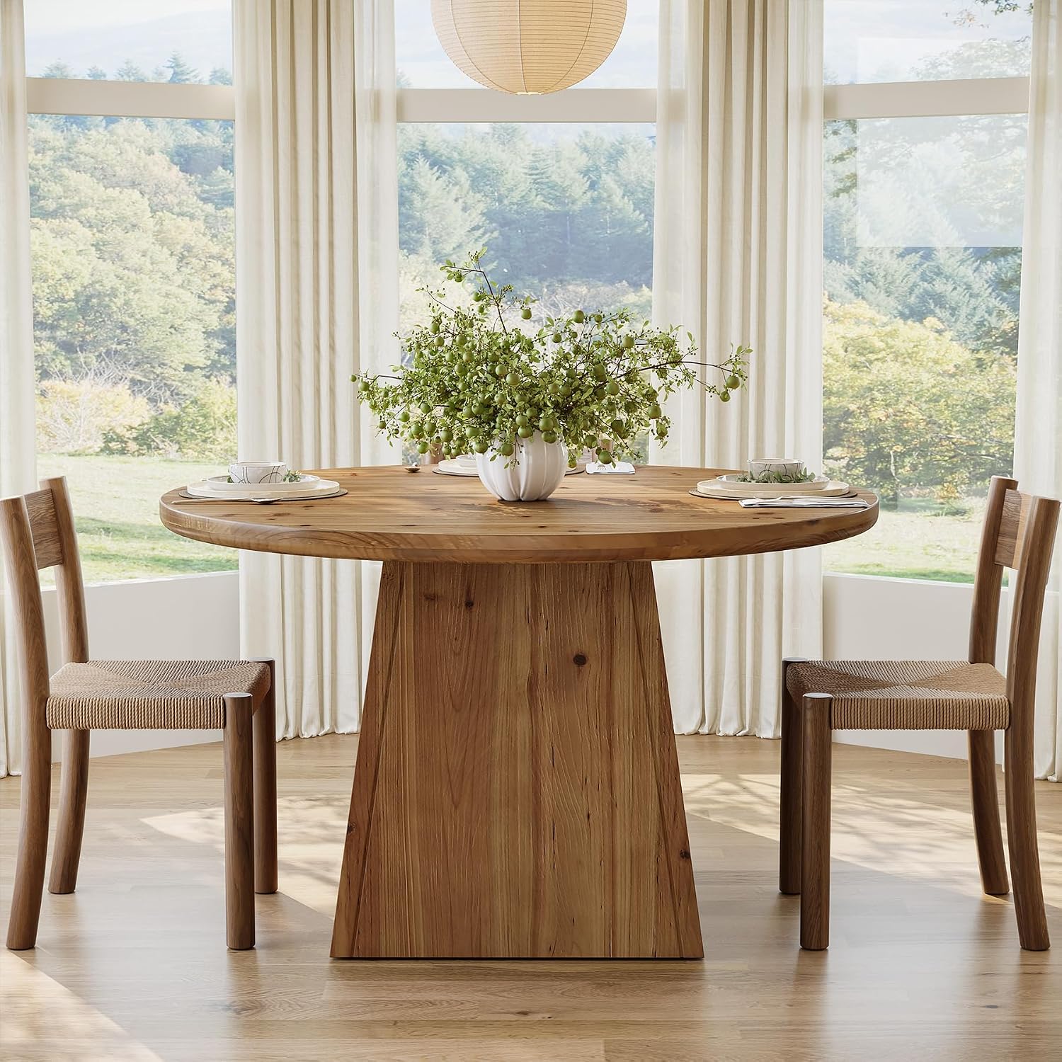 Solid Wood Round Dining Table for 4, Small Circle Kitchen Table with Thickened Top & Sturdy Pedestal Base for Dining Room, Living Room, Kitchen, 39.4 x 29.5 Inches, Farmhouse Style (Table Only)