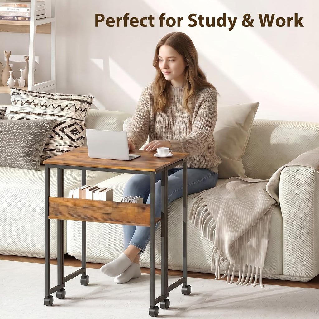 Folding Desk Small Rolling Desk with Storage Shelf,24.8 Inch Foldable Computer Table with Wheels,Portable Office Desk for Small Space Sofa Table,Easy to Fold,Writing Work Office Computer Desk,Walnut