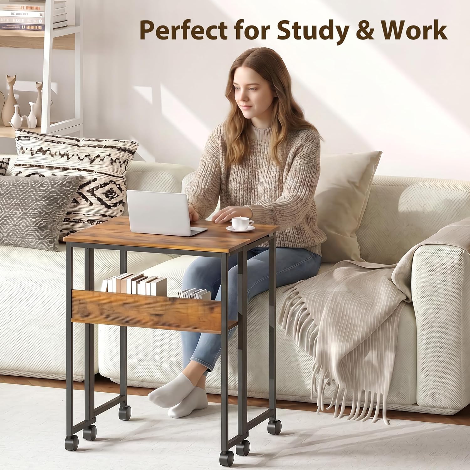Folding Desk Small Rolling Desk with Storage Shelf,24.8 Inch Foldable Computer Table with Wheels,Portable Office Desk for Small Space Sofa Table,Easy to Fold,Writing Work Office Computer Desk,Walnut