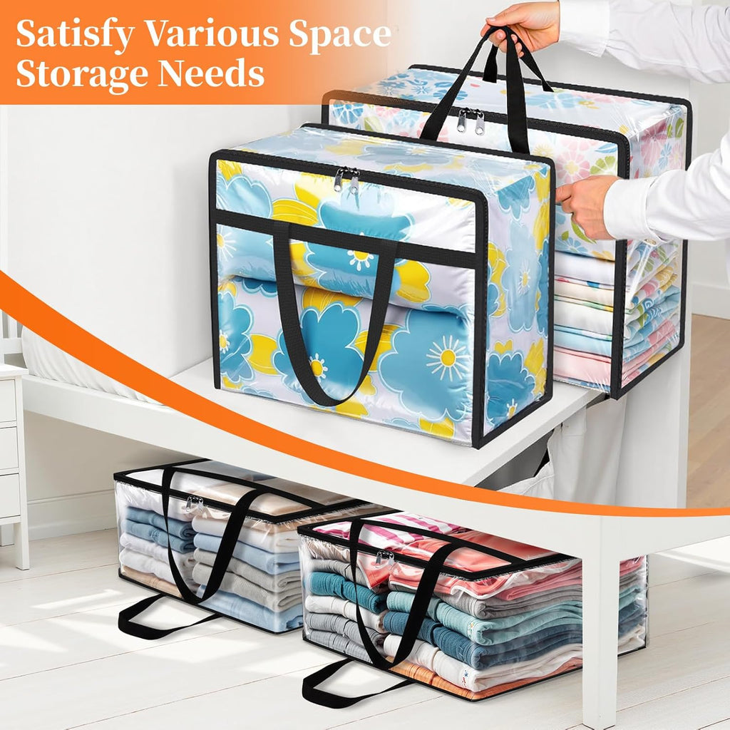 SpaceTrove Clear Storage Bags, 4 Pack Under Bed Storage and Closet Organizers Containers, Vinyl Foldable Heavy-Duty Moving Bags with Zippers for Comforter, Bedding, Duvet, Blanket & Toy Storage, 40L