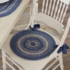 VHC Brands Great Falls Blue Round Seat Cushion Chair Pad, Blue White, Jute Blend with Ties, 15x15 Inches, Set of 8