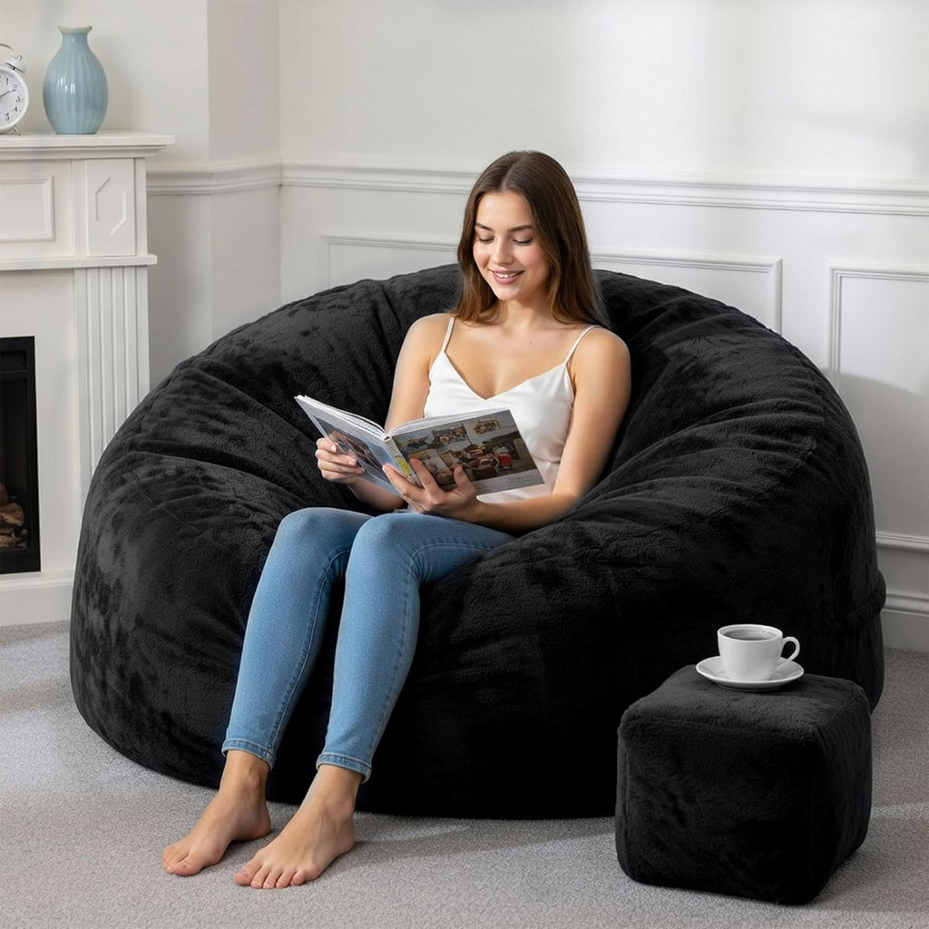 5FT Bean Bag Chairs for Adults with Ottoman, Big Beanbag Chairs with Filler Memory Foam & Machine Washable Cover, Suitable for Bedrooms, Living Rooms, Leisure Reading Black