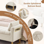 66'' King Size Storage Bench for Bedroom End of Bed, Bedroom Benches for Foot of Bed King with Gold Legs, Cream White Storage Ottoman Bench with Storage for Bedroom, Teddy