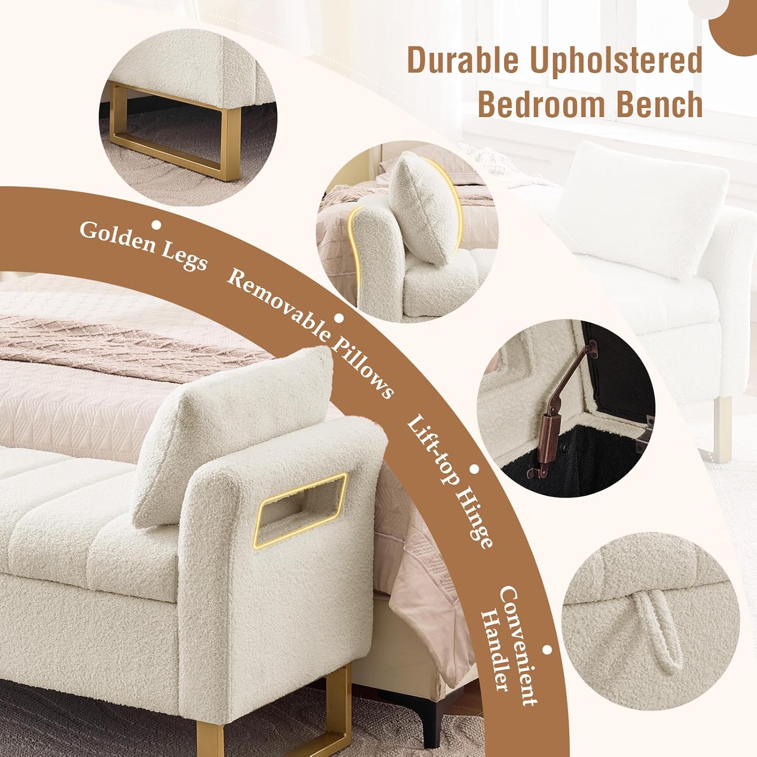 66'' King Size Storage Bench for Bedroom End of Bed, Bedroom Benches for Foot of Bed King with Gold Legs, Cream White Storage Ottoman Bench with Storage for Bedroom, Teddy