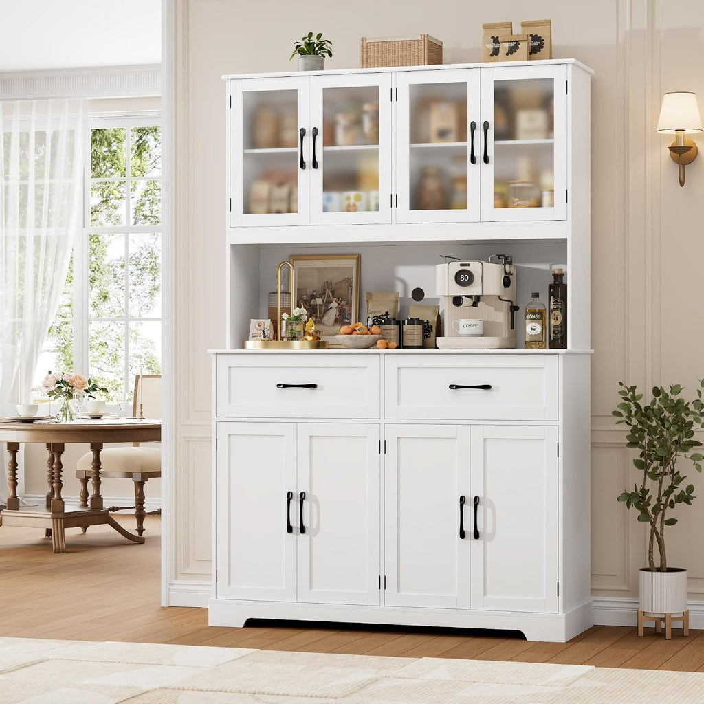 BOTLOG Pantry Storage Cabinet with Microwave Stand, 71" Tall Kitchen Hutch, Large White Pantry Cabinet with Glass Doors for Dining Room