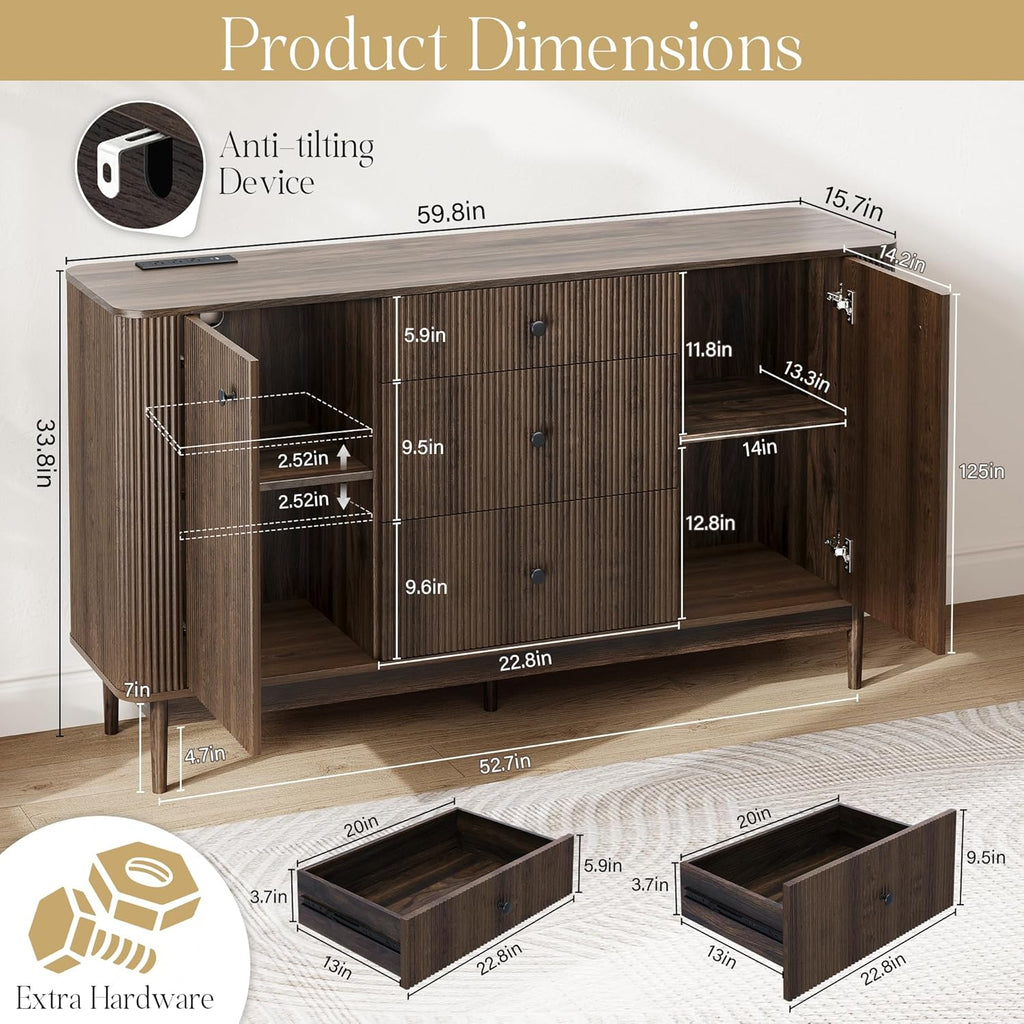 59" Buffet Cabinet with Drawers, Large Fluted Sideboard Buffet Storage Cabinet with Charging Station, Shelves and Doors, Modern Accent Coffee Bar Console Table for Kitchen, Entryway and Living Room