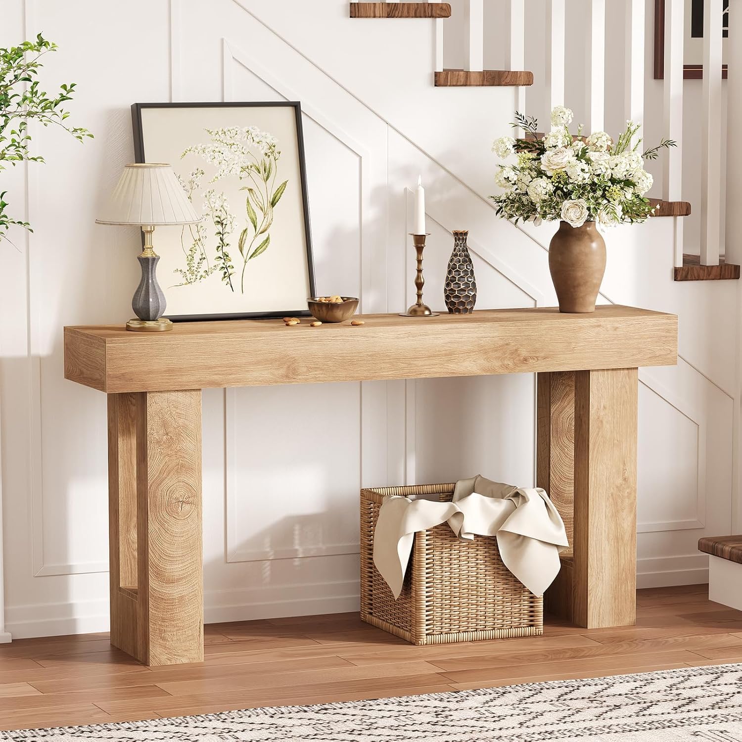 63 Inch Farmhouse Console Table for Entryway, Slim Wood Sofa Side Table, Modern Minimalist Decorative Furniture for Living Room, Hallway, Front Door, Natural