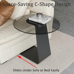 Modern C-Shaped End Table, Tempered Glass Tabletop Couch Side Table, Black Round C Table for Living Room, Bedroom, or Sofa Side – Stylish Accent Table (Grey)