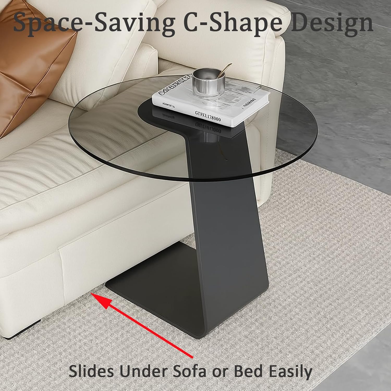 Modern C-Shaped End Table, Tempered Glass Tabletop Couch Side Table, Black Round C Table for Living Room, Bedroom, or Sofa Side – Stylish Accent Table (Grey)