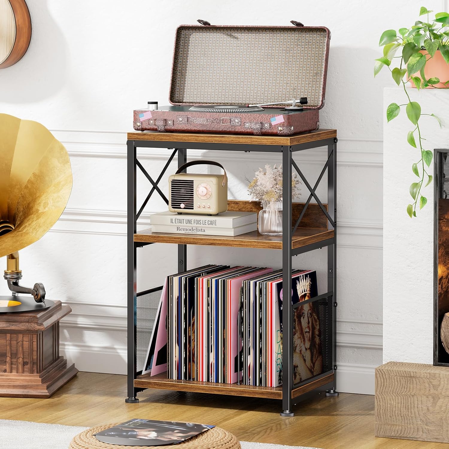Simple Trending Record Player Stand, Turntable Stand with Vinyl Storage Holds Up to 200 Albums, Record End Table for Living Room, Rustic Brown