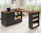 RALGEND Rolling Kitchen Island with 360° Swivel Tabletop, Large Kitchen Island Table with Power Outlet, Mobile Kitchen Island Cart with Storage Cabinets for Kitchen & Office, Black and Rustic Brown