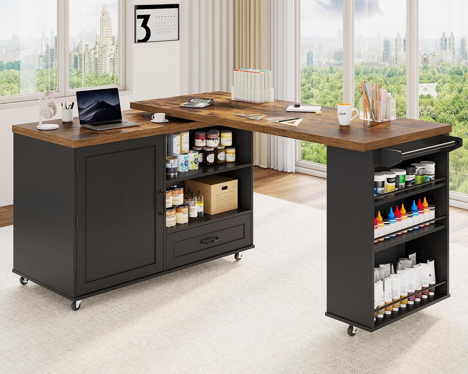 RALGEND Rolling Kitchen Island with 360° Swivel Tabletop, Large Kitchen Island Table with Power Outlet, Mobile Kitchen Island Cart with Storage Cabinets for Kitchen & Office, Black and Rustic Brown