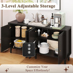 fineway 63" Sideboard Buffet Cabinet, Mid Century Modern Credenza Storage Cabinet with Adjustable Shelves & Carved Handles, Large Kitchen Buffet Table Coffee Bar for Dining Room & Living Room - Black