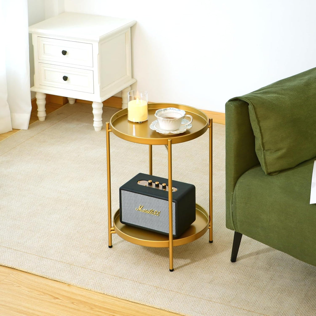 2-Tier Round End Side Table, Small Metal Side Table with Removable Tray, Folding Accent Tables for Living Room, Balcony, Nightstand for Bedroom, Outdoor Tables for Patio, Gold