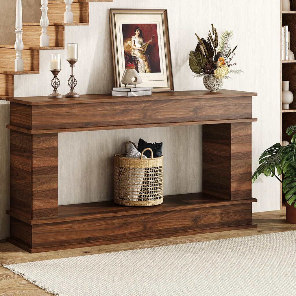 63 in Farmhouse Console Table, Long Entryway Table with Open-Back Storage, Wood Entrance Table, Narrow Couch Table Behind Sofa Modern Entry Table for Living Room, Foyer, Hallway,Walnut