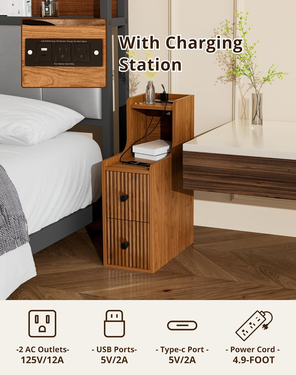 Narrow Side Table with Charging Station, Slim Nightstands with Storage Drawers, Mid Century Modern Bedside Tables for Living Room, Small Spaces, Bedroom
